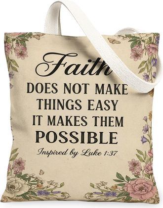 Generic Floral Canvas Tote Bags, Inspirational Quote Pattern Reusable Shopping Bags, Vintage Rustic Lightweight Washable Shoulder S, Beige, 13x15 Inch