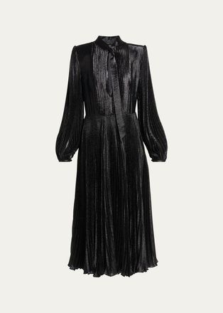 Tom Ford Soleil Metallic Silk Charmeuse Plisse Neck-Tie Midi Dress