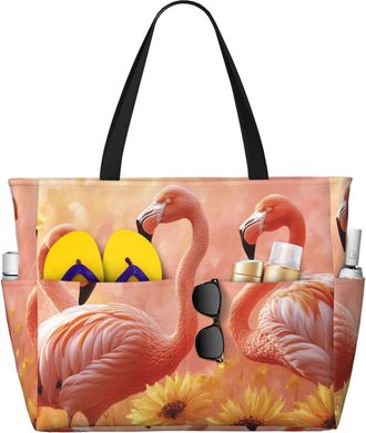 Generic Pink Flamingo Print Large Beach Bag Foldable Travel Shoulder Tote Bag With Pocket For Weekender Pool Vacation