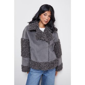 Warehouse Faux Fur Mix Zip Through Jacket in Grey at Nordstrom, Size 12