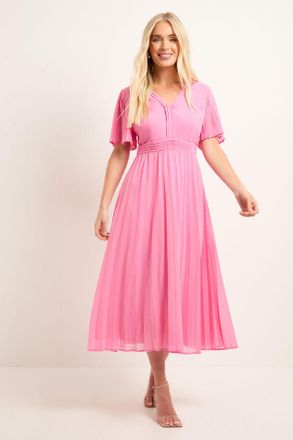 Wallis Womens Petite Chiffon Pleated Sleeve Midi Dress - Pink - Size 14 UK