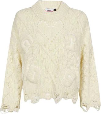 GCDS Geborduurd Logo Crew-Neck Sweater - Dames - Ronde hals truien - Wit - M - Wol - Truien & Vesten