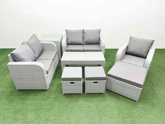 Fimous High Back Poly Rattan Garden Furniture Set w/ Reclining Chair Loveseat Sofa Oblong Coffee Table Indoor Outdoor Patio Set 3 Stools Side Table