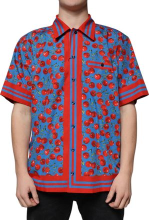 Dolce & Gabbana Blue Cherry Cotton Button Down Casual Mens Shirt
