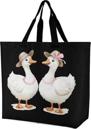 Generic Fashion Goose Wearing Hats Ncklaces Large Reusable Shopping Bag Lightweight Foldable Tote Bags Washable Shoulder Handbag