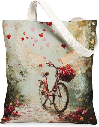 Generic Heart Floral Canvas Tote Bags, Vintage Bike Art Design Reusable Grocery Bags, Romantic Lightweight Washable Shoulder Strap Canvas for Outdoor Travel B