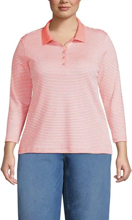 Lands End 3/4 Sleeve Supima Cotton Polo Shirt in Sunset Coral Pink Micro Stripe at Nordstrom, Size 2X