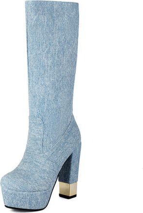 Generic Womens High Heeled Slouch Long Boots Pull on Mid-Calf Boots Round Toe Platform Casual Boot,Blue,6.5 UK