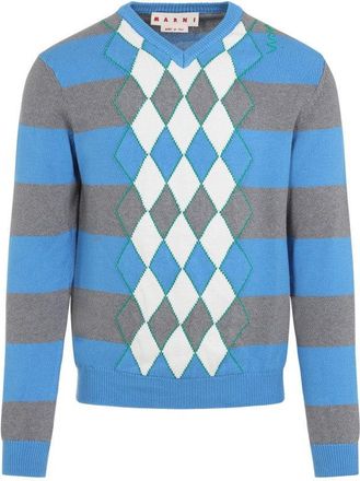 Marni Light Blue Cotton V-Neck Sweater