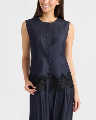 Ellen Tracy Womens Lace Trim Long Vest