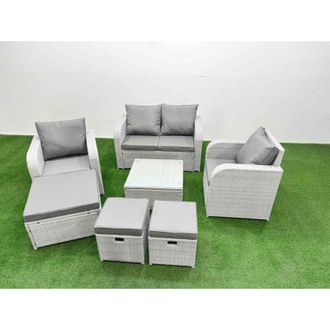 Fimous Light Grey pe Wicker Rattan Garden Furniture Set Sofa Set Reclining Adjustable Chair Square Coffee Table 7 Seater 3 Stools - Fimous