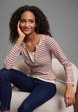 Kangaroos 2-in-1-Shirt KANGAROOS, Damen, Gr. 32/34, rosa, gestreift, Obermaterial: 100% Baumwolle, sehr figurbetont, Rundhals, abgesteppt, Shirts 2-in-1-Shirt, 