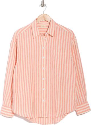 Faherty Laguna Stripe Linen Button-Up Shirt in Peach Lucy Stripe at Nordstrom Rack, Size Xx-Small