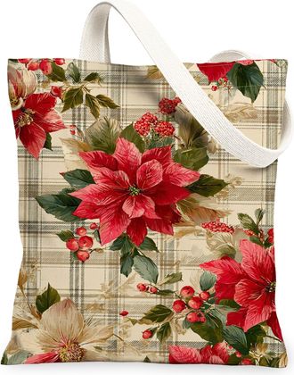 Generic Christmas Floral Canvas Tote Bags, Vintage Flower Design Reusable Grocery Bags, Lightweight Washable Shoulder Strap Canvas for Travel Picnic 13x15 Inc