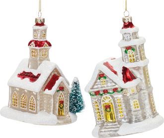 Melrose International Glittered Glass Church Ornament (Set of 6) - Tan, Red
