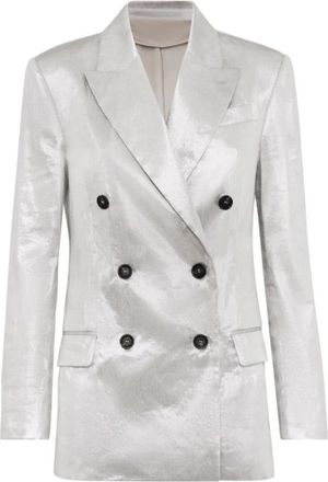 Brunello Cucinelli Metallic Linnenmix Blazer - Dames - Blazers - Grijs - M - Linnen - Jassen
