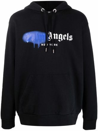 Palm Angels Mens New York Blue Sprayed Logo-print Hoodie Black Cotton - Size 2XL