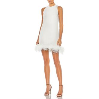 Mac Duggal Feather Hem High Neck A-Line Dress in White at Nordstrom, Size 10