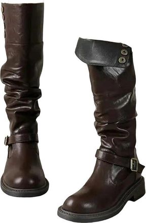 Generic Womens Knee High Boots Faux Leather Belt Buckle Medium Heel Zipper Design