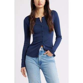 Open Edit Long Sleeve Rib Cardigan in Navy Iris at Nordstrom, Size Xx-Small