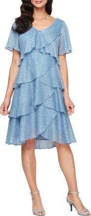S.L. Fashions Tiered Shimmer Metallic Flutter Sleeve Dress in Hydrangea at Nordstrom, Size 16