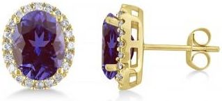 Allurez Oval Lab Alexandrite & Halo Diamond Stud Earrings 14k Yellow Gold 3.92ct