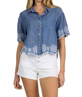 Dear John Denim Ansel Short Sleeve Button Up Embroidered Top In Blue