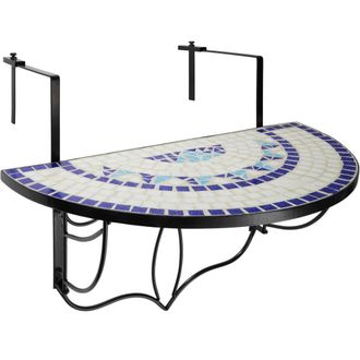 TecTake Mesa plegable de balc&oacute;n, mosaico, 75 x 65 x 62 cm, blanco/azul