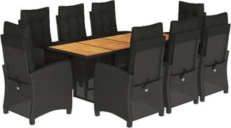 vidaXL Set De Comedor De Jard&iacute;n 9 Pzas Y Cojines Rat&aacute;n Sint&eacute;tico Negro Vidaxl