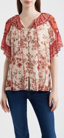Kobi Halperin Verity Floral Print Flutter Sleeve Top in Bright Coral Multi at Nordstrom, Size X-Large