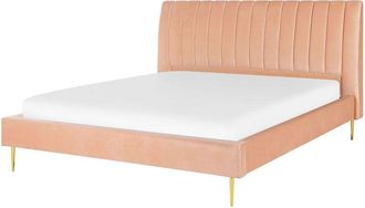 Beliani Beliani - Cama Con Somier De Terciopelo Rosa Melocot&oacute;n 180 X 200 Cm Reposacabezas Alto Vintage