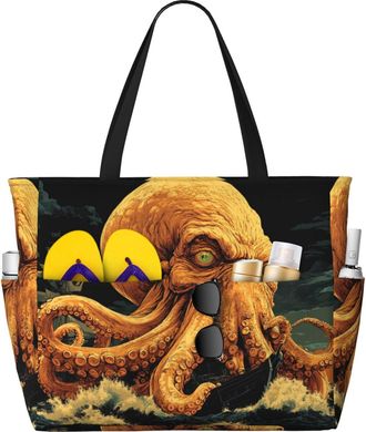 Generic Ocean Octopus Print Large Beach Bag Foldable Travel Shoulder Tote Bag With Pocket For Weekender Pool Vacation
