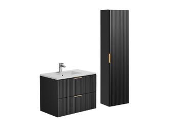 Vente-Unique Mueble de ba&ntilde;o suspendido con lavabo encastrado y armario - Negro - 80 cm - ZEVARA