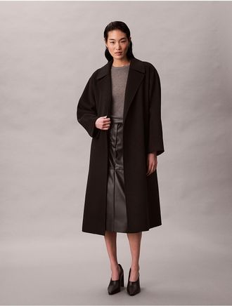 Calvin Klein Womens Double Faced Wool Blend Wrap Coat - Black - XS