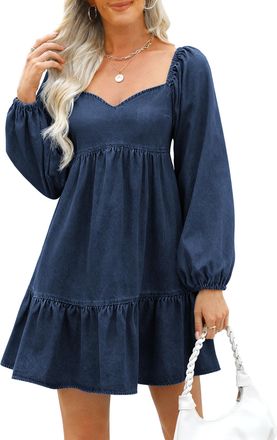 Fengbay Denim Dresses for Women UK, Ladies Puff Long Sleeve Jean Dress Fall Casual Babydoll Ruffle Denim Dress Trendy Dark Blue