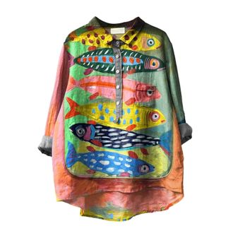 Generic Button Down Cotton Linen Shirts Loose Flowy Square Linen T Shirt for Womens Vintage Fish Art Print Lapel Neck Button Blouses Long Sleeves Casual Tops 