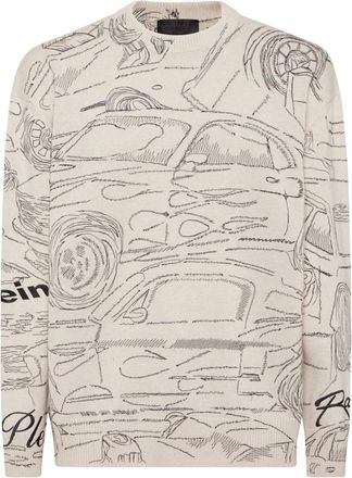 Philipp Plein Truien & Vesten, Heren, Beige, 4Xl, Katoen, Gebreide Pullover Ronde Hals LS Cars Racing