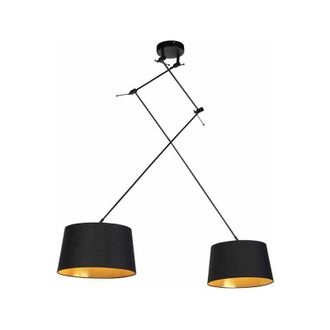 QAZQA Moderno L&aacute;mpara Colgante Negra Con Pantallas De Algod&oacute;n Negras Y Doradas 35 Cm 2-luces - Blitz Acero /algod&oacute;n Cil&iacute;ndra /alargada /redonda Adecuado Par