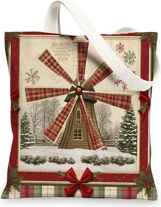 Generic Winter Farmhouse Christmas Canvas Tote Bag for Shopping 13x15, Vintage Retro Windmill Xmas Reusable Grocery Print Bag for Women Men, Farm Holiday Aest
