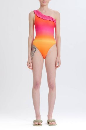 Something Navy One Shoulder Ruffle One Piece Swimsuit In Pink Combo