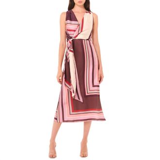Misa Kina Sleeveless Wrap Dress In Chocolate Geo Stripe