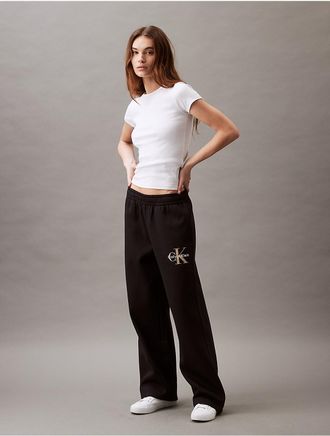 Calvin Klein Womens Monogram Logo Fleece Wide Leg Sweatpants - Black - XS