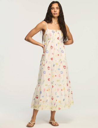 Lucky Brand Womens Printed Eyelet Tiered Midi Dress