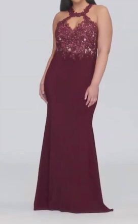 Faviana Lace Halter Jersey Gown In Bordeaux