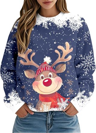 Generic Womens Christmas Jumpers Reindeer Printed Sweatshirt Top Womens Long Sleeve Crew Neck Pullover Sweatshirts Christmas Jumpers Ladies Loose Fit Plus Siz