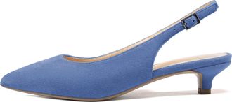 EDEFS Womens Slingback Kitten Heel Court Shoes Fashion Pointed Toe Ankle Buckle Pumps Suede Lightblue Size EU43