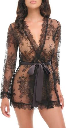Oh l&agrave; l&agrave; Ch&eacute;ri Amor&eacute; Lace Satin Bow Robe in Black at Nordstrom, Size Large