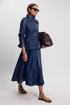 Karen Millen Womens Leather Full Skirt - Navy - Size 12 UK