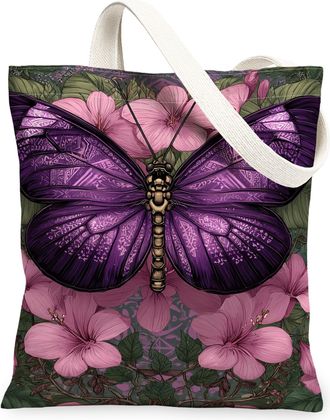 Generic Butterfly Floral Canvas Tote Bags, Elegant Insect Pattern Reusable Grocery Bags, Spring Vintage Lightweight Washable Should, Violet, 13x15 Inch