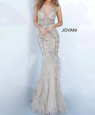 Jovani Beaded And Feather Gown In Solver